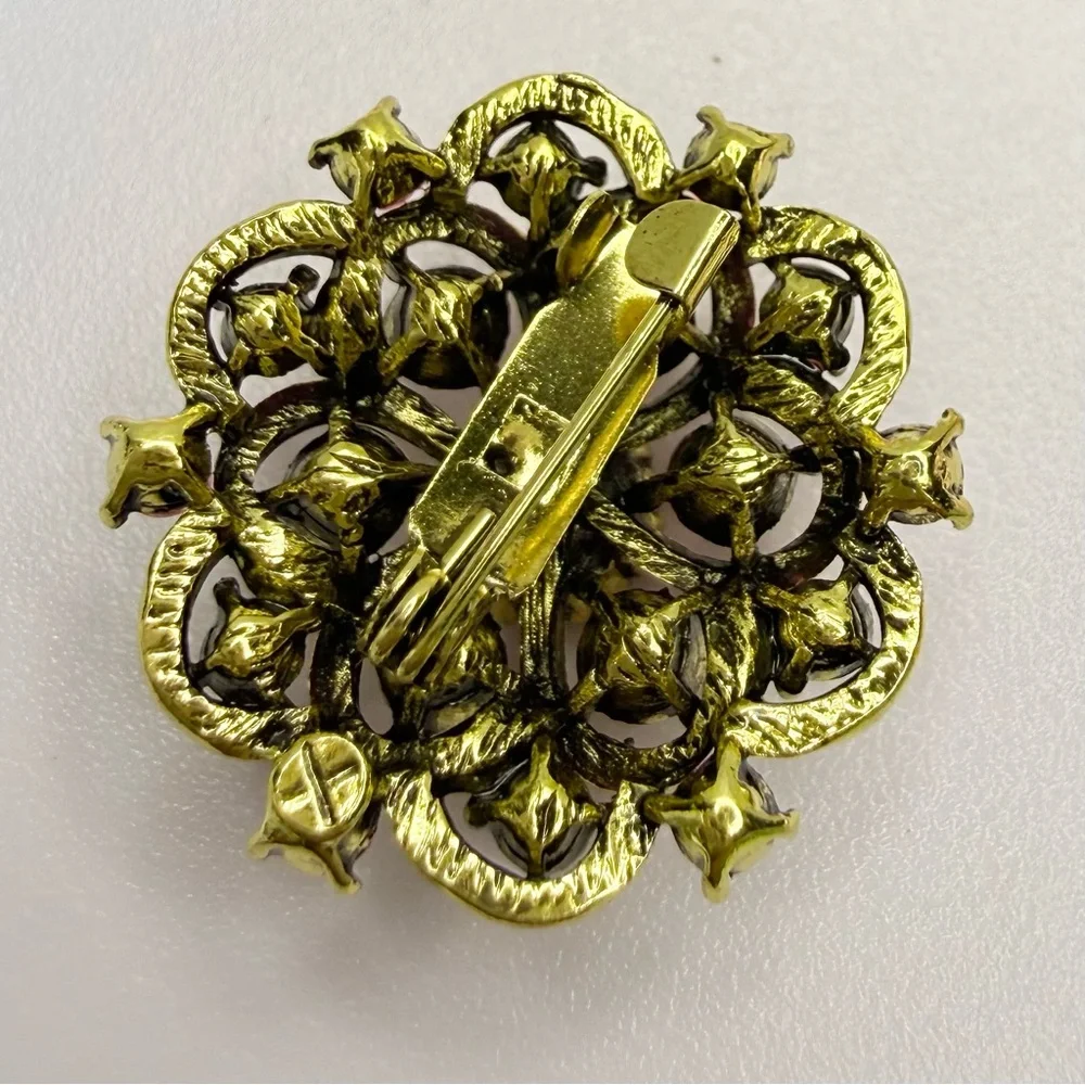 Gold-Tone Pink Crystal Floral Brooch 1” NWOT